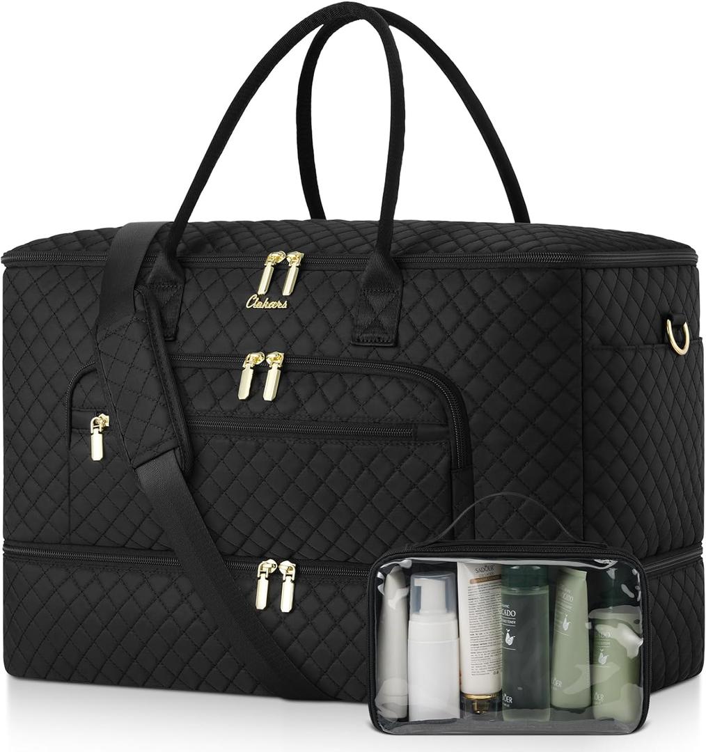 Travel Duffle Bag, Wide Open Large Weekender Bag for Women with Shoe Compartment, Carry on Overnight Bags with Toiletry Bag, Hospital Bag for Women Labor Delivery with Wet Pocket (Black) (45L)