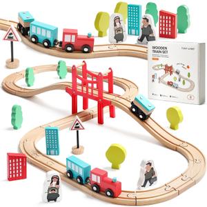 Tiny Land Wooden Train Set for Toddler - 39 Pcs- with Wooden Tracks Compatible with Major Brands - Expandable, Changeable-Train Toy for 3 4 5 Years Old Girls & Boys