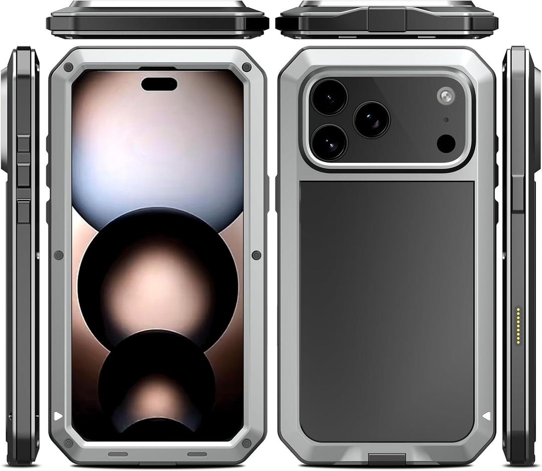 Marrkey Compatiable with iPhone 17 Pro Case,360 Full Body Protective Cover Heavy Duty Shockproof [Tough Armour] Aluminum Alloy Metal Case with Silicone Built-in Screen Protector - Silver