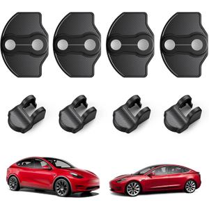 BASENOR 2017-2026 Tesla Model Y Juniper Model 3 Highland Door Lock Cover Protector Anti-Rust [Carbon Edition] [No Tape Requried], Door Striker Latches Stopper Covers for Model Y (8PCS)/Model 3 (6PCS)