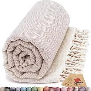 Turkish Beach Towel 100% Cotton Bath Towels Quick Dry Sand Free Lightweight Large Oversized Herringbone Beige