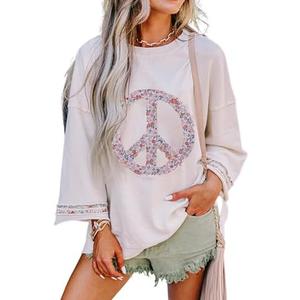 KevaMolly Womens Long Sleeve Tops Floral Peace Symbol Drop Shoulder Sweatshirt Crewneck Casual Pullover Top SIZE  2 XL