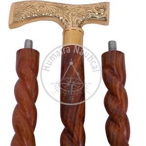 Humaira Nautical Walking Stick Men Derby Canes and Wooden Walking Stick for Men and Women 36" Brown Ebony Brass T Shape Handle in Golden Tone Natural Wood Unisex Cane.