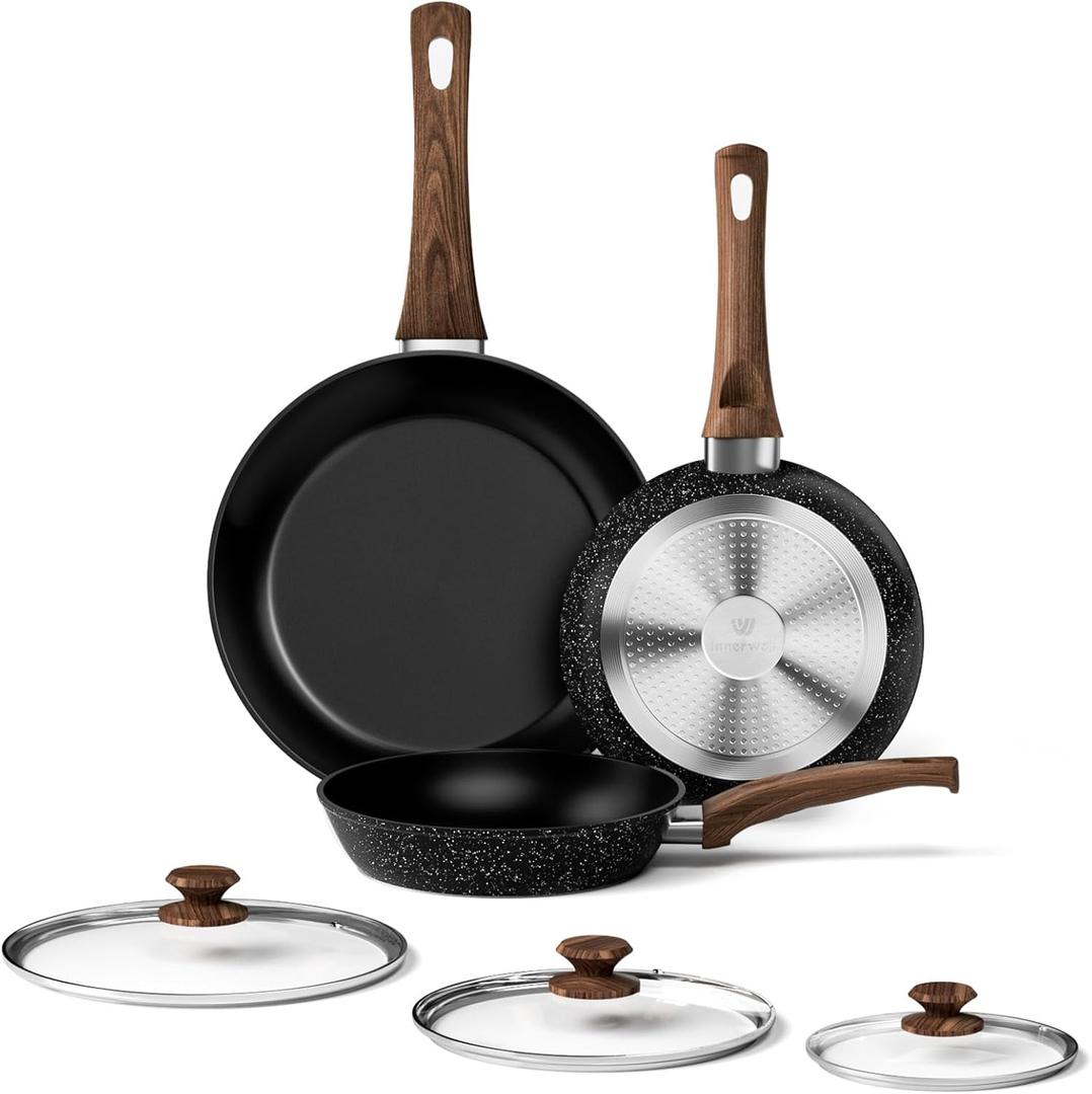 Frying Pan Set - 3 Pcs Nonstick Skillets With Lids, PFOA Free, Induction Compatible, Black (Black-8Inch+9.5Inch+11Inch With Lid)