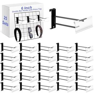 Moxweyeni 25 Sets 6 Inch Heavy Duty Gridwall Panel Double Bar Hooks with Price Tag, Grid Panel Hanging Slatwall Hooks for Retail Stores Garages Hardware Stores Homes, Black