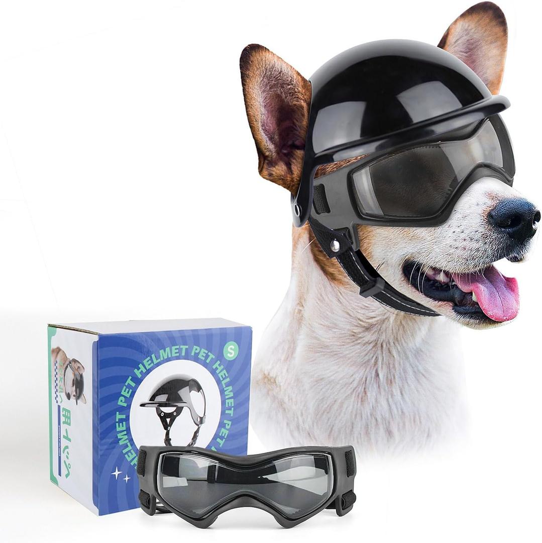 PETLESO Dog Goggles for Small Dogs with Helmet, 2PCS Doggy Sunglasses and Pet Motorcycle Helmet Set for Small Medium Breed Outdoor Driving Walking, All Black