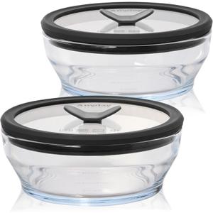 Anyday 2-Pack (2-Cup) Glass Food Storage Set with Glass Lids | Plastic-Free Meal Prep Set | Stackable Airtight Storage Container Set with Vented Lid for Microwave-Safe Reheating (Clear - Black Sesame)