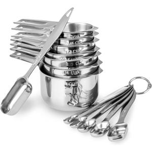 13-piece Measuring Cups and Spoons Set, 18/8 Stainless Steel Heavy Duty Ergonomic Handle with Ring Connector, Silver