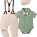 YALLET Baby Boy Clothes Suit Newborn Infant Gentleman Outfits, Formal Dress Shirt+ Bowtie+ Suspender Pants Wedding Party Set (6-12 Months, Light Green)