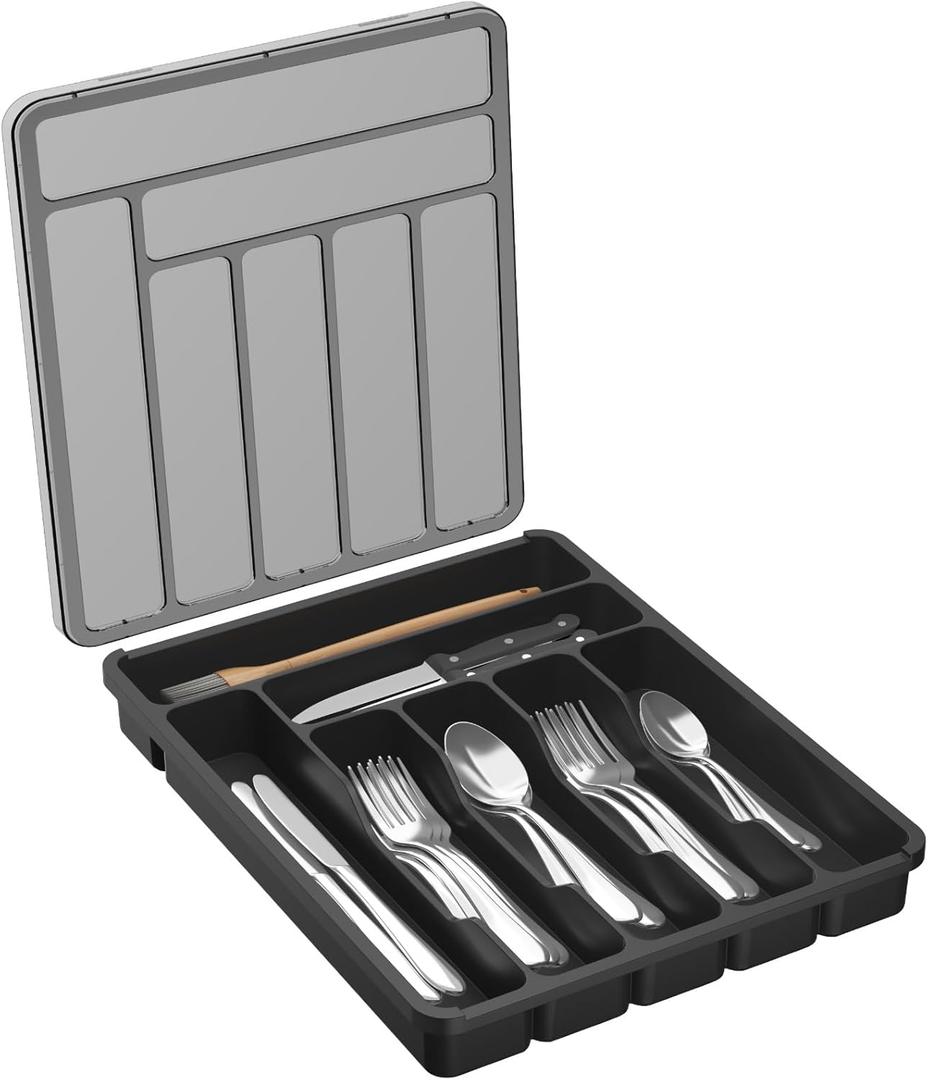 Lifewit Silverware Organizer with Lid, Covered Utensil Tray for Kitchen Drawer and Countertop, Plastic Cutlery and Flatware Storage Box for Spoons Forks Knives Holder Case, 7 Compartments, Black (11.3"L  14.4"W)