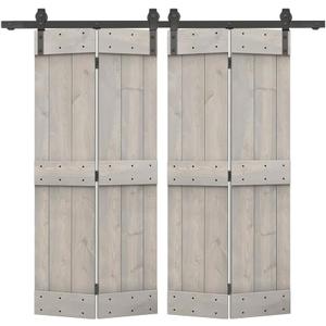 48 in. x 84 in. Mid-Bar Series Silver Gray Stained DIY Wood Double Bi-Fold Barn Doors with Sliding Hardware Kit
