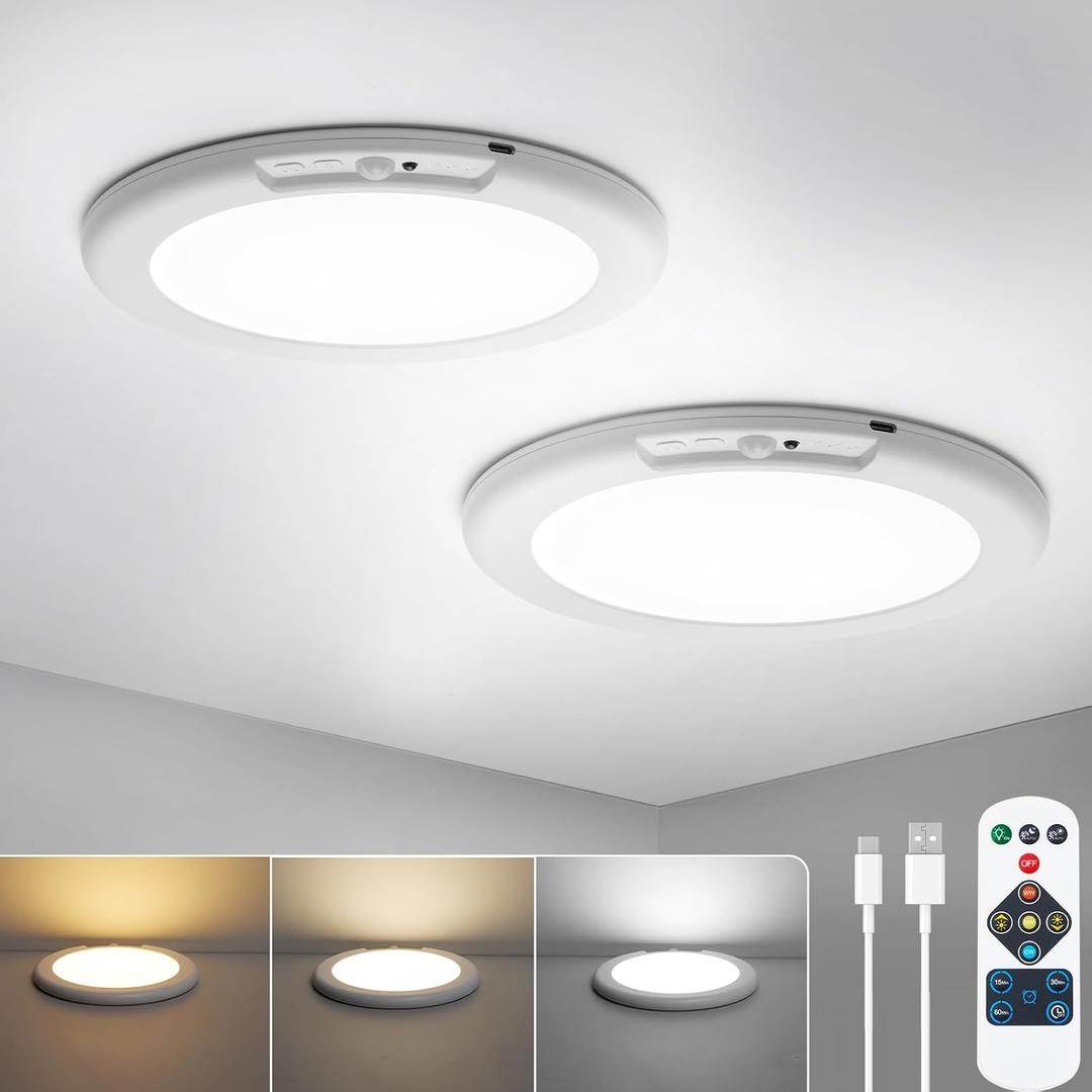 Combuh 2Pack Rechargeable Closet Lights Motion Sensored, Battery Powered Shower Lamp with Remote, Dimming Timing Cordless Ceiling Light Fixture for Pantry Laundry Bathroom Hallway, 7.48Inch, Round (3CCT)