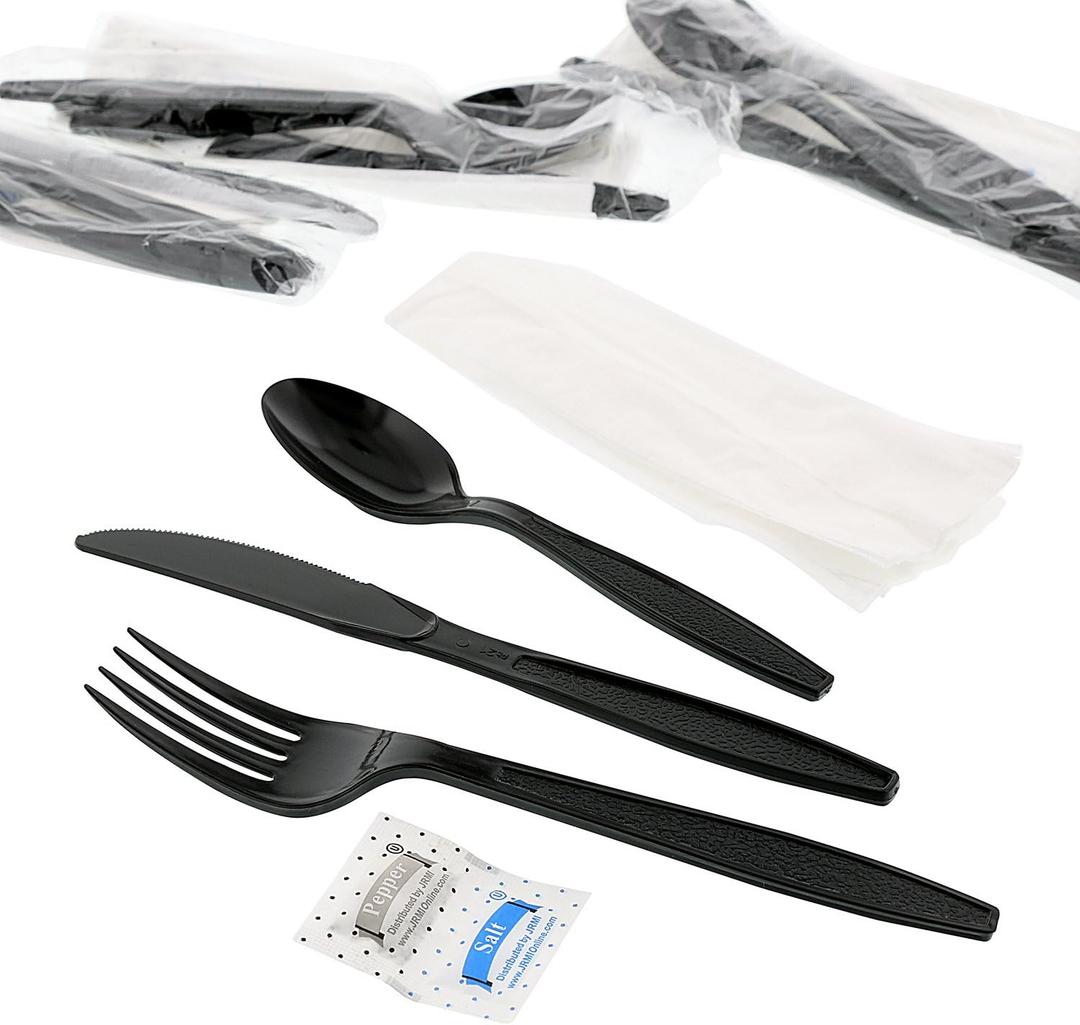AmerCareRoyal 6-in-1 Disposable Silverware Heavy Weight Plastic Utensil Set with Teaspoon, Fork, Knife, Salt & Pepper Packets, 13x17 Napkin - Individually Wrapped Cutlery Meal Kit, Black, Case of 250