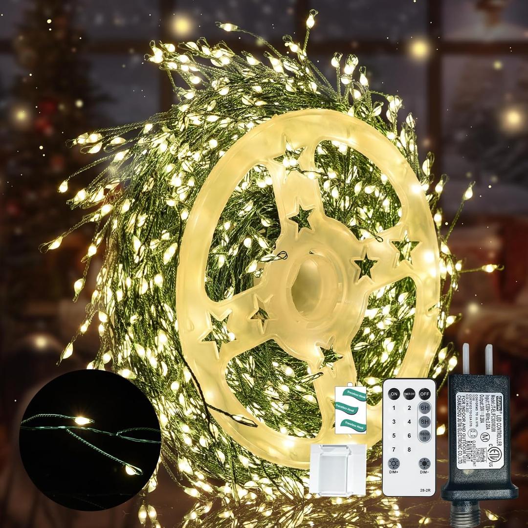 Fairy Lights Plug in 65Ft 1000LED Warm Christmas Garland Lights with Timer Remote Waterproof Firecracker Twinkle Cluster String Light for Bedroom Wreath Party Wreath Tree Decor Green Wire