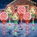 6 PCS Christmas Pathway Lights Outdoor Decorations, 28 Inch Lollipop Walkway Stake 8 Lighting Modes Flickering Candy Marker Waterproof Outside Christmas Decor for Garden Yard Lawn (Red Green)
