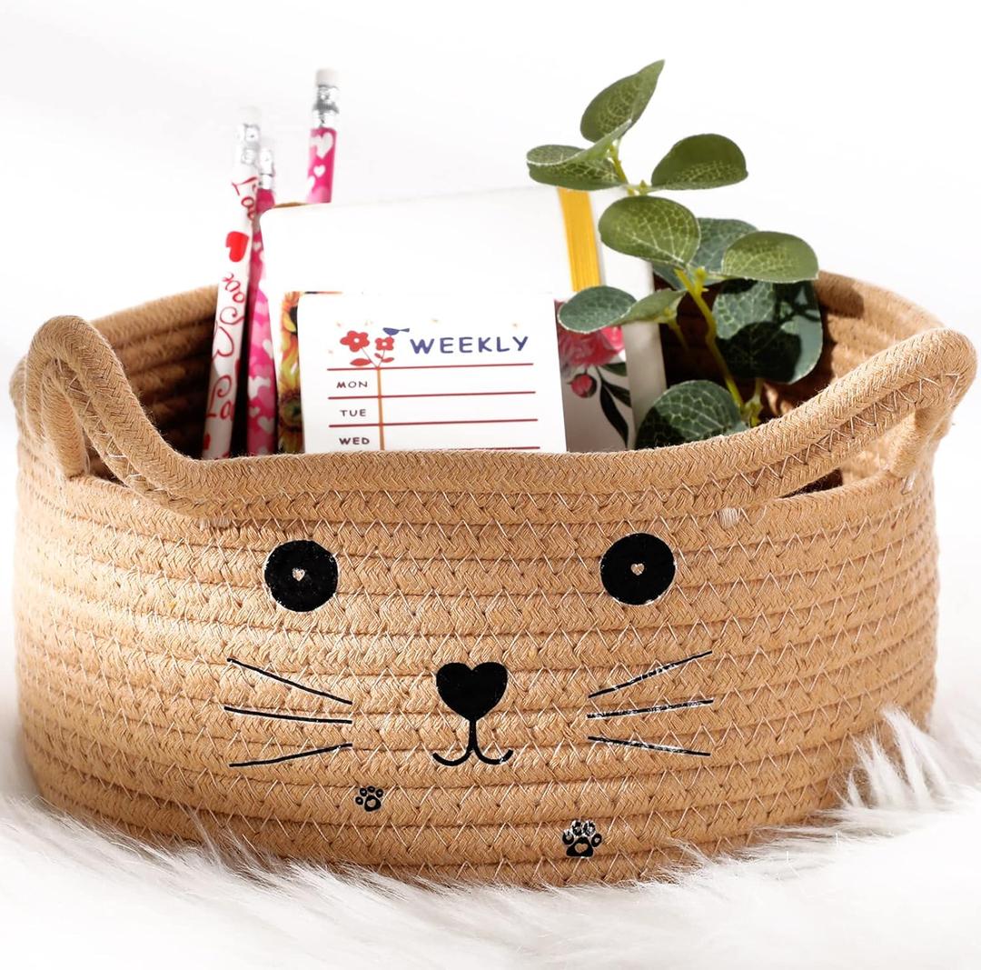 Zopeal Cat Basket Storage Woven Organizer with Ears Easter Decorative Gift Pet Toy Cute Cotton Rope Basket for Gift Cat Dog Toy Bin Nursery Room(8.3 x 4.7 Inch,Khaki)