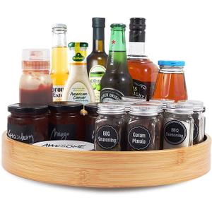 Lazy Susan Organizer 14 inch, Bamboo Lazy Susan for Table, Kitchen Turntable Organizer with Double Handles, Round Wood Rotating Turntable Spice Organizer for Countertop Cabinet or Pantry