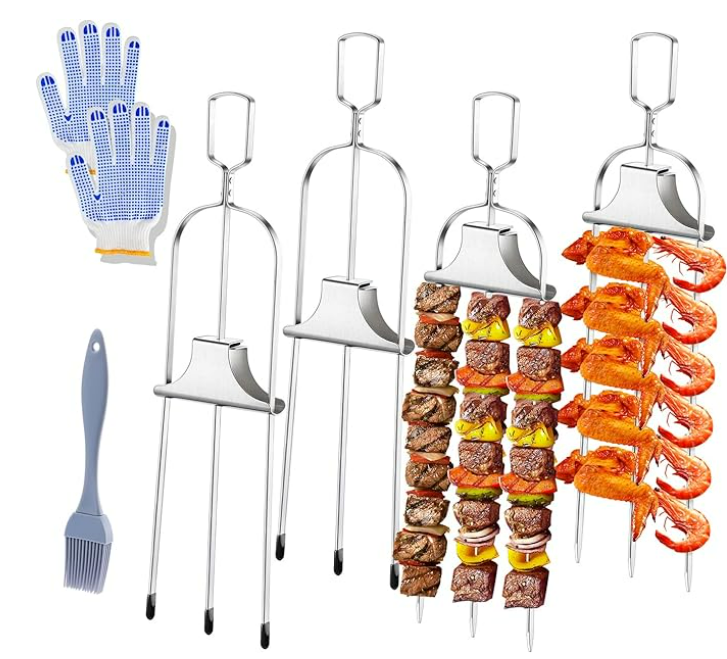 4PCS Kabob Skewers for Grilling, 14'' Stainless Steel Kebab Skewers, 3 Prong Metal Grill Skewer with Push Bar Slider, Skewer Sticks for Meat Veggies Fruits Marshmallows, BBQ Barbecue Accessories