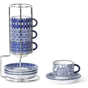 Selamica Ceramic Espresso Cups with Saucers and Metal Stand, 2.5 OZ Stackable Demitasse Cups for Espresso Latte Caf Mocha Tea, Set of 4, Vintage Blue