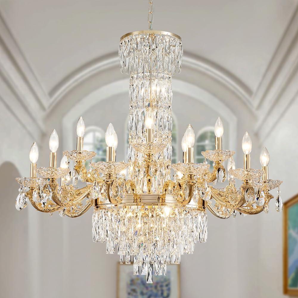 Gold Crystal Contemporary Chandelier Foyer Entryway Lighting, 2-Tier Large Foyer Entrance Chandeliers for High Ceiling Big Crystal Chandelier(Dia 40.2 inch 22 Lights), Gold/22Light