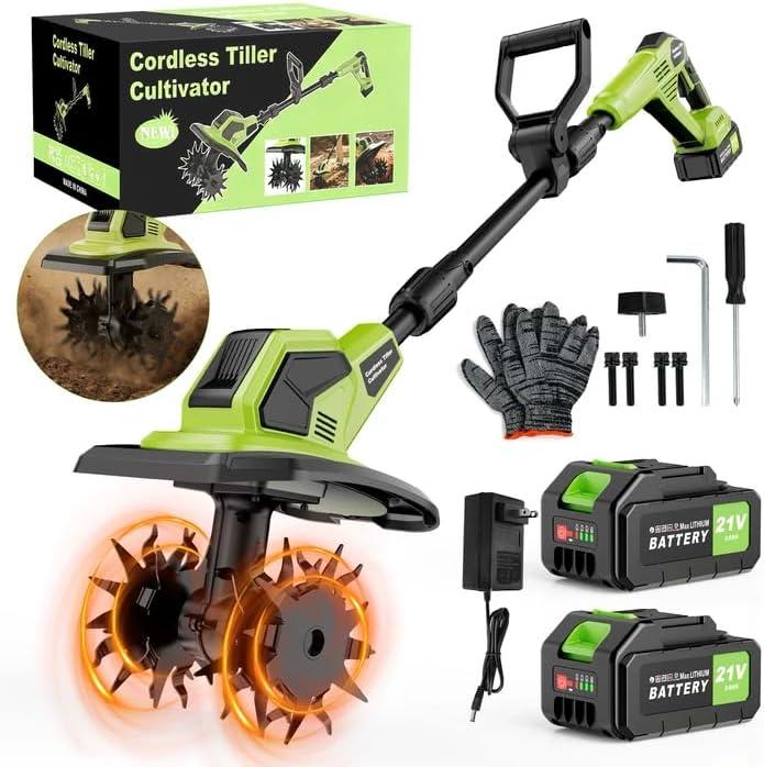 Cordless Tiller Cultivator, 21V Lightweight Tiller for Gardening with 2 * Batteries, Brushless Electric Tiller with 48 Steel Tines, 400RPM, 9.5" Tilling Width, 7" Depth for GardeningSoil Turning