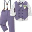 YALLET Toddler Baby Boy Clothes Suit Gentleman Wedding Outfits, Formal Dress Shirt+Bowtie+Vest+Boutonniere+Suspender Pants (7-8 Years, V Light Purple)
