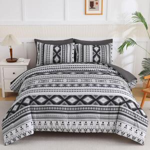 Dinjoy Dark Grey Boho Comforter Set Queen Size,7 Pieces Bed in a Bag Queen Warm Black Bedding Sets with Sheets Aztec Comforters Mens Striped Complete Set for Fall Winter 90"x90"