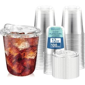 Homestockplus 100 Pack 12 oz BPA-Free Clear Plastic Cups with Sip Lids - Leak-Proof Round Bottom Disposable Iced Coffee Cups for Kids, To-Go Drinks, Smoothies, Juice & Small Portion Cold Beverages