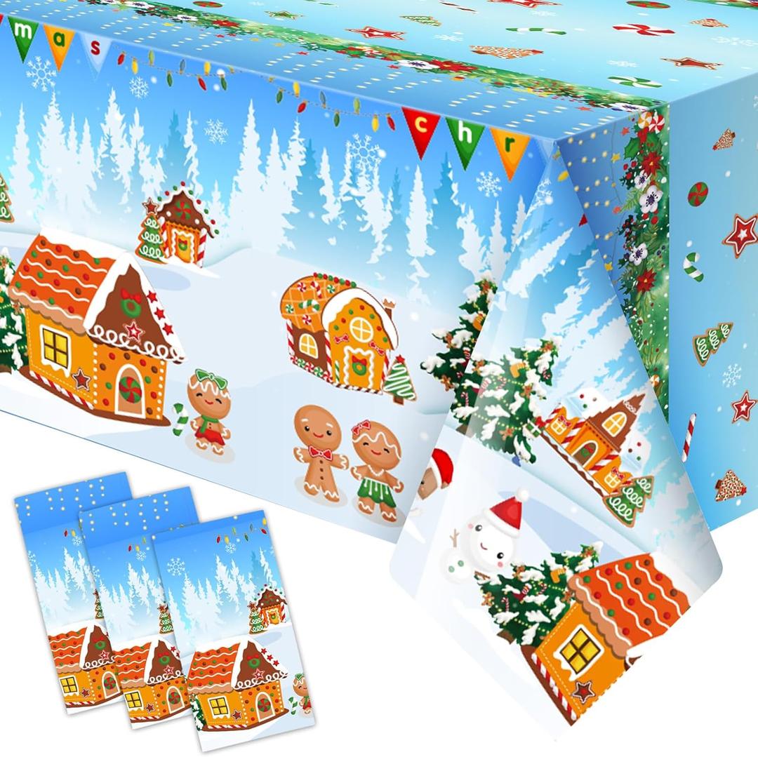 Fancy Land Christmas Tablecloths 3 Pack Gingerbread House Table Cover Snow Disposable Tablecloths Christmas Party Decoration