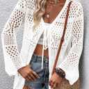 Women Crochet Cardigan Lightweight Tie Front Hollow Out Long Sleeves Summer Knit Cover Cardigans, XL