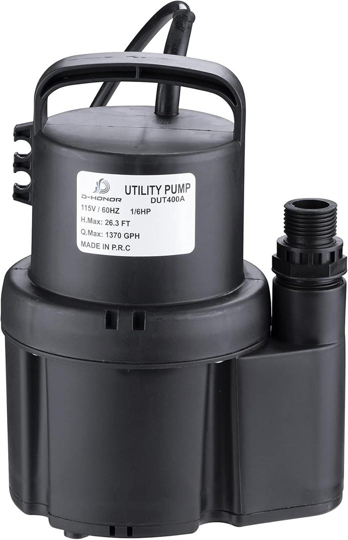 D-HONOR Submersible 1/6 HP 1370GPH, Sump Pump Submersible for Clean Water, Electric Utility Pump with 1" Water outlet and 3/4" Garden Hose Adaptor for Swimming Pool Garden Pond Draining
