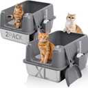 2 Pack Stainless Steel Litter Box, XL Enclosed Cat Litter Boxes, Metal Litter Pan with High Sides Odor Free Non Sticky Easy Cleaning, Grey