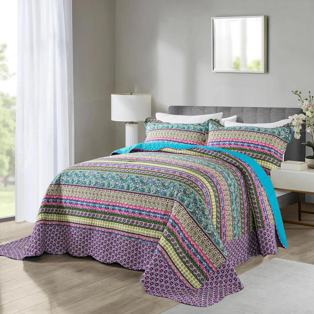 NEWLAKE Cotton Bedspread Quilt Sets - Reversible Patchwork Coverlet Set, Striped Jacquard Pattern, California King Size (Mixed Floral Colored)