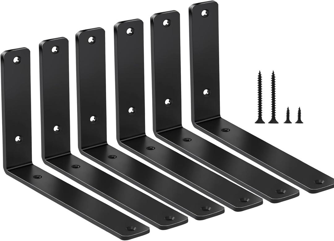 6 Pack - L 8" x H 6" x W1.5, 5mm Thick Black L Shelf Bracket, Iron Shelf Brackets, Metal Shelf Brackets, Floating Shelf, Shelf Supports with Screws