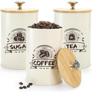 3 Pack Small Kitchen Canisters for Countertop, 26 Oz Coffee Sugar Tea Canisters Set with Airtight Bamboo Lids, Metal Storage Containers, Food Storage Jars for Tea, Flour, Cookies, Spices