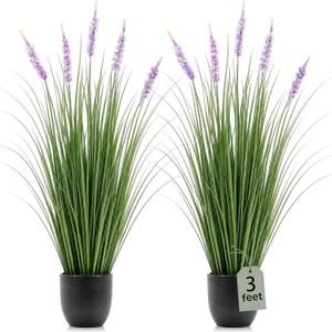 Jexine 2 Pieces Faux Plants Outdoor 3 ft Tall Artificial Lavender Plant Potted Artificial Lavender Faux Greenery Floor Flowers for Housewarming Gift House Garden Bathroom Lobby Outdoor