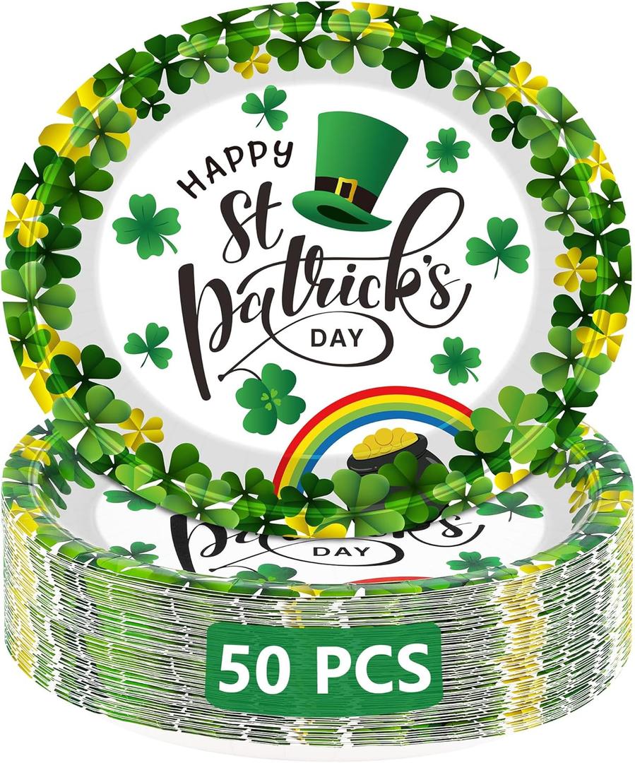 QZYL 50 PCS St Patricks Day Decorations, Large Oval Paper Plates, Green Disposable Plates Irish Lucky Shamrock Dinner Plates Tableware Dinnerware St Patrick's Day Party Supplies Table Decor