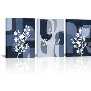 SkenoArt Abstract Geometric Flower Wall Art Bohemian Neutral Floral Wall Decor Pictures Minimalist Boho Geometric Wall Decor for Home Living Room Bedroom (Blue) 12''x16''x3PCS
