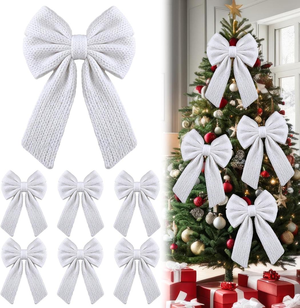 6 Pcs Knitted Large White Christmas Bows 18in Big Crochet Christmas Tree Bow Neutral Ribbon Bow Hanging for Tree Topper Winter Party Wreath Garland Fireplace Holiday Decorations