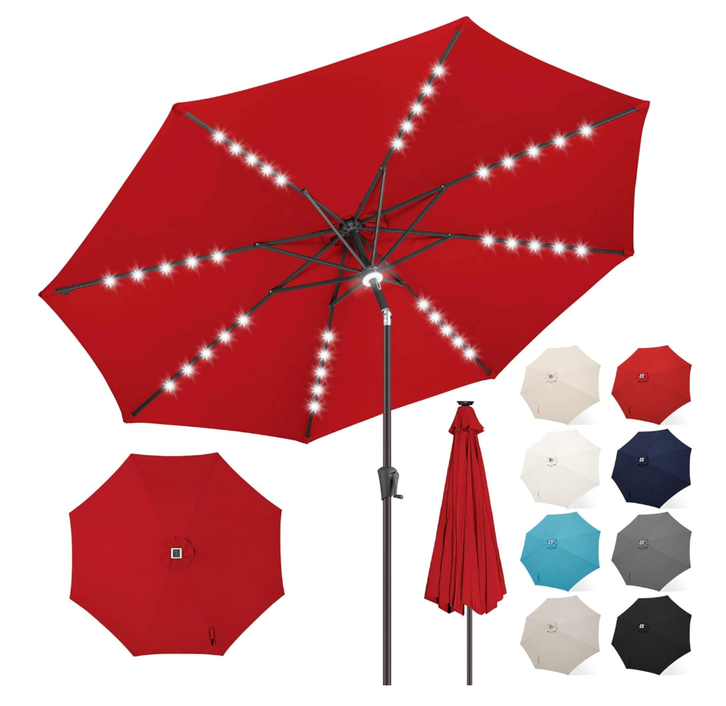FLAME&SHADE Solar Patio Umbrella with a Centre Light, 9 FT Red | 40 LED Lights, UV Protection, Waterproof, Porch Deck Outdoor Umbrella for Pool, Backyard, Garden, Provides Evening Lighting