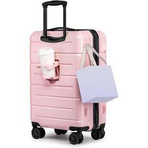 KYME Pink Hardside Carry On Luggage 22x14x9 Airline Approved with TSA Lock Hardshell Carry-On Suitcase with Wheels Travel Rolling 22 inch Luggage with Cup Holder for Women