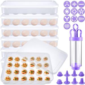 Maxcheck 6 Pack 144 Count Deviled Egg Containers with Lid and 3 Set Deviled Egg Injector Piping Tool Clear Plastic Organizer for Refrigerator Stackable Dispenser Carrier Tray for Easter Thanksgiving
