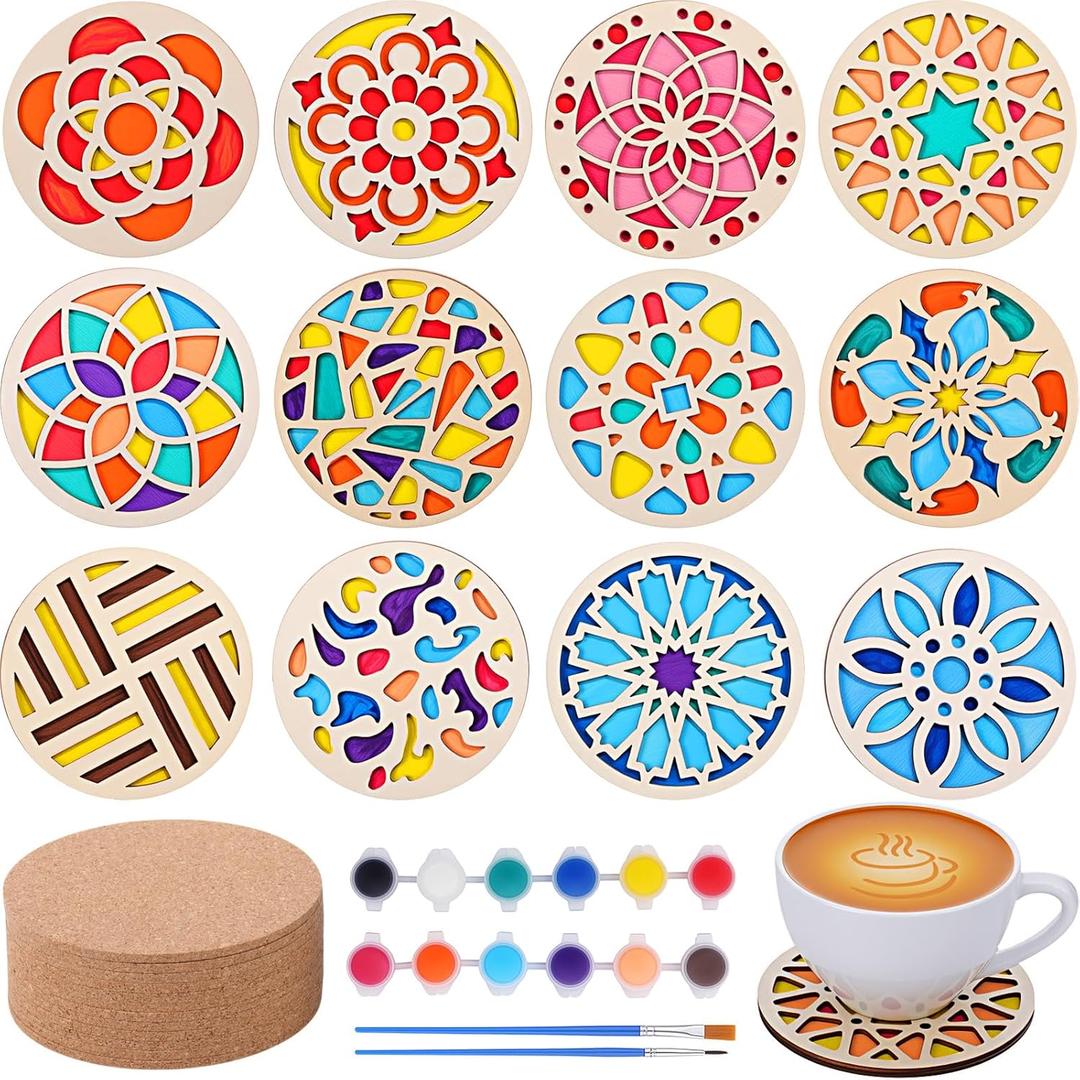 Reallnaive 12 Pcs Wood Coasters Craft Kit Paint You Own Coaster Wooden Painting Craft Kits for Adults and Beginners DIY Coasters Kit Mandala Painting Crafts Art Supplies(Mandala)