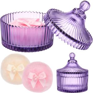 Tioncy 3 Pcs Large Body Powder Puff and Container Valentine's Day gift Powder Container with Puff Crystal Case Soft Washable Reusable Velour Face Body Glitter Wet Dry Makeup(Classic,Purple)