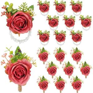 Sherr 20 Pcs Rose Wrist Corsage and Boutonniere Set Flower Wrist Corsage Wristlet Band Bracelet Bridegroom Men's Boutonniere Wedding Wristlet Hand Flower for Prom Party Bouquets (Cameo Brown)