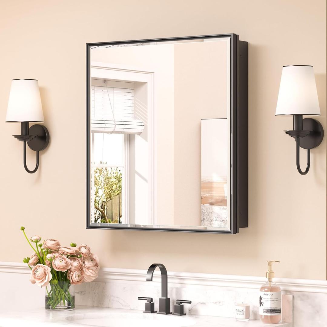 Keonjinn 24" x 26" Black Medicine Cabinets Mirror, Wall Mount or in Wall | Made In Aluminum Rust-resistant, Adjustable Shelves, Fully Assembled, Recessed Medicine Cabinet for Bathroom, Single Door