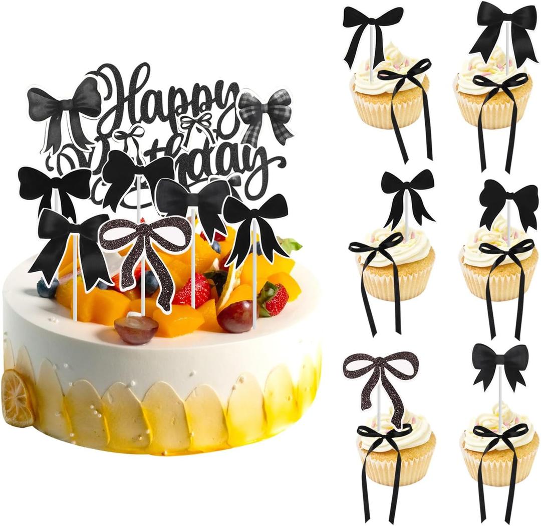 19pcs Black Bow Cake Topper, Ribbon Cake Topper with Happy Birthday Sign Twist Bowknot Picks Decor Coquette Bow Cupcake Decorations Birthday Party Supplies