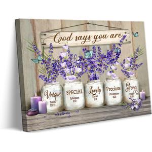 Christian Inspirational Bible Verse Canvas Wall Art God Says You Are Wall Decor Pictures Marson Jars and Butterfly Lavender Religious Artwork for Women Girl Bathroom Bedroom Decoration 16x24in
