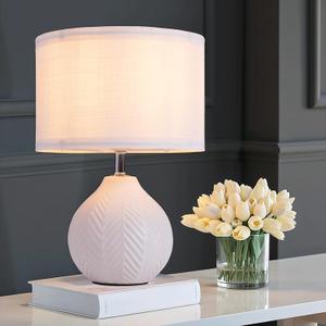 12'' White Ceramic Table Lamp, Leaf Patterned Ceramic Desk Lamp Small Bedside Lamp with Linen Shade, Mid Century Modern Nightstand Lamp for Bedroom Living Room Reading Room