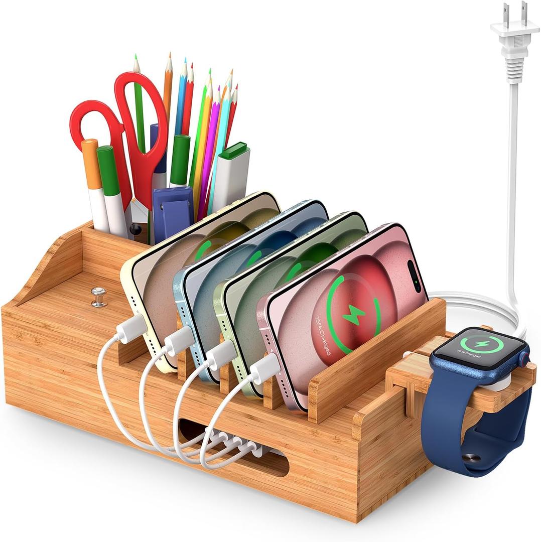 Bamboo Charging Station for Multiple Devices with 5 Port USB Charger, 5 Charger Cables and Smart Watch Stand. Wood Desktop Dock Stations Electronic Organizer for Cell Phone, Tablet, Watch, Office (Style 2)